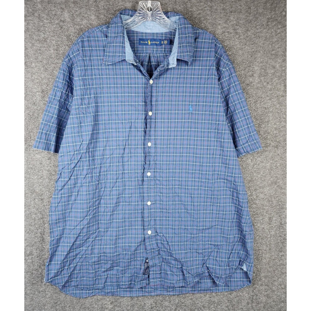 Ralph Lauren‎ Shirt Mens 2XL Blue Plaid Short Sleeve Button Down EUC